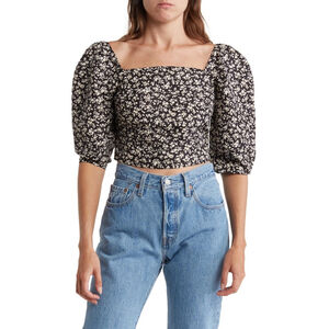 Levi's Dark Floral Cottagecore Top Puff Sleeve Square Neck Womens Large Black